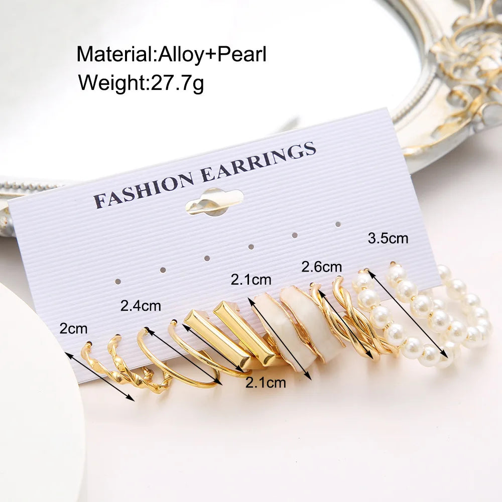 Boho Big Circle Hoop Earring Set for Women Gold Color Bohemia Vintage Pearl Square Earring Heart Zircon Ear Studs Jewelry