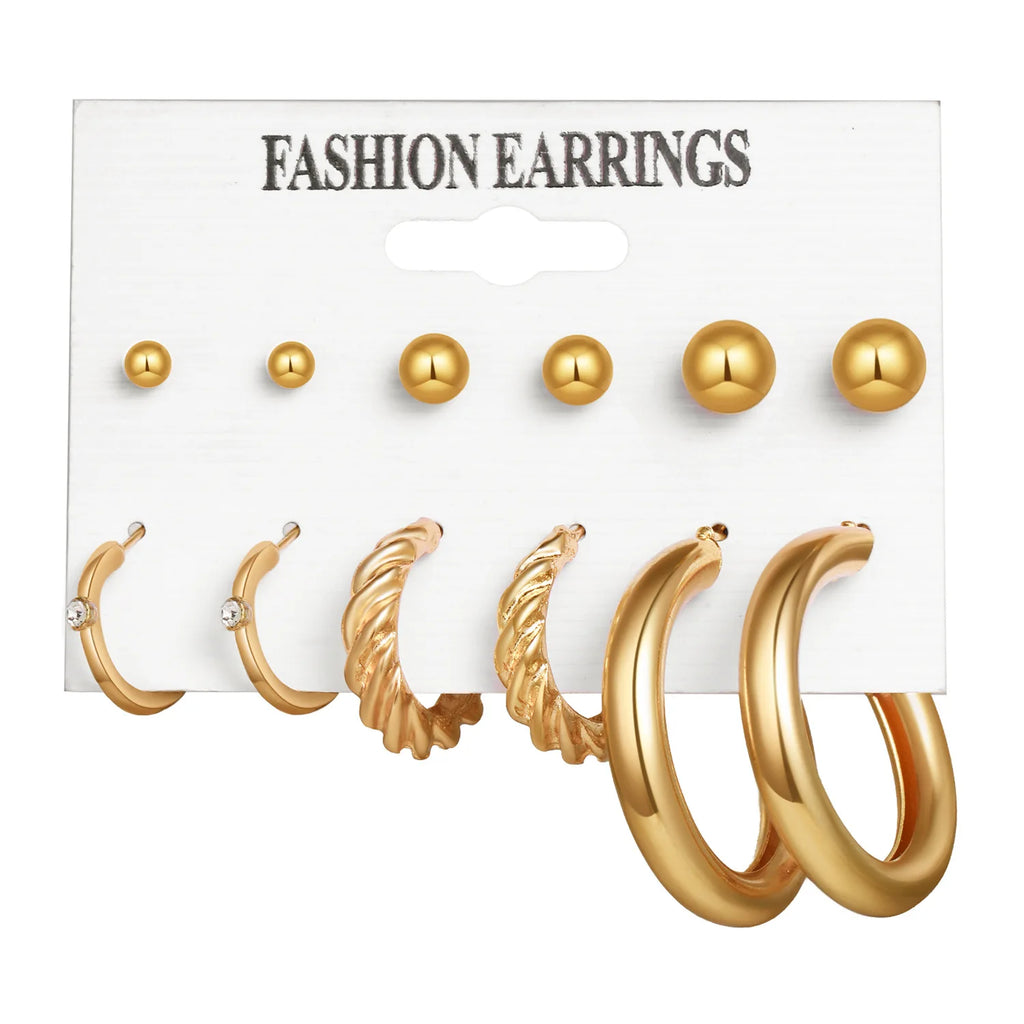 Boho Big Circle Hoop Earring Set for Women Gold Color Bohemia Vintage Pearl Square Earring Heart Zircon Ear Studs Jewelry