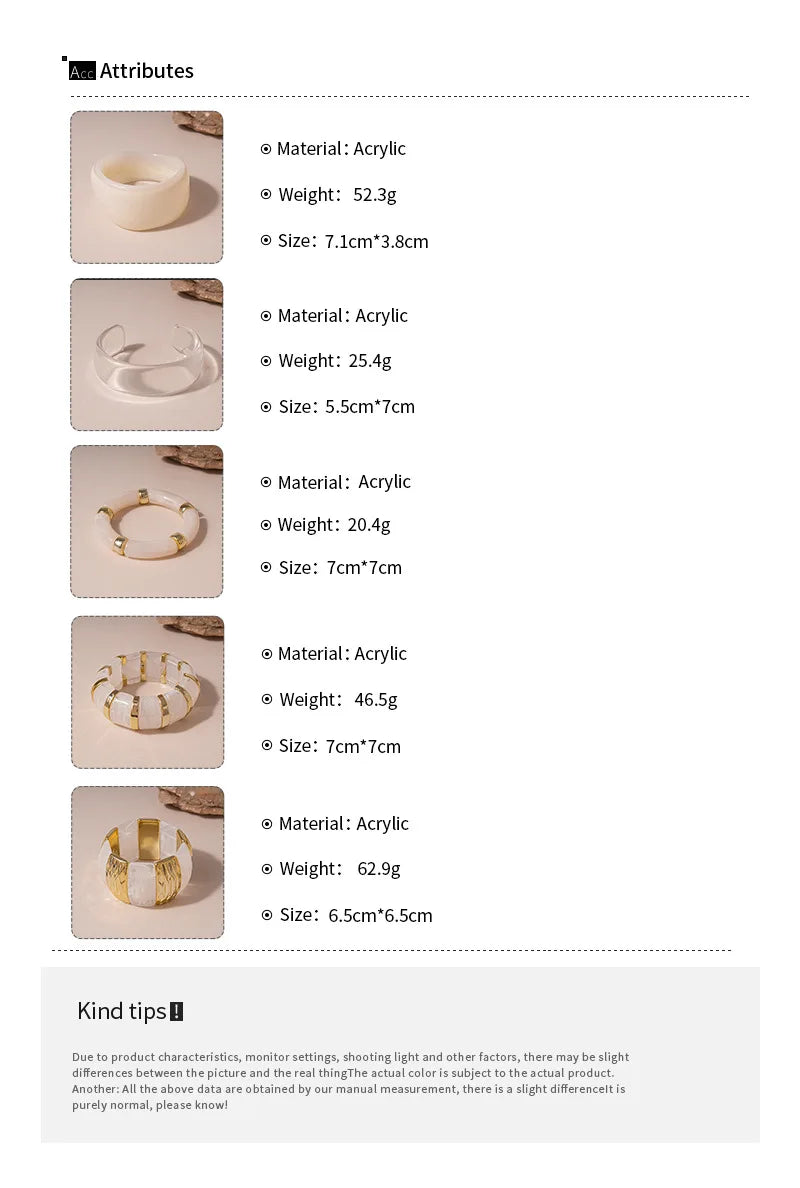 White Transparent Resin Bracelet Bangles for Women Irregular Geometric Round Wide Stacking Bracelets Hand Jewelry New In