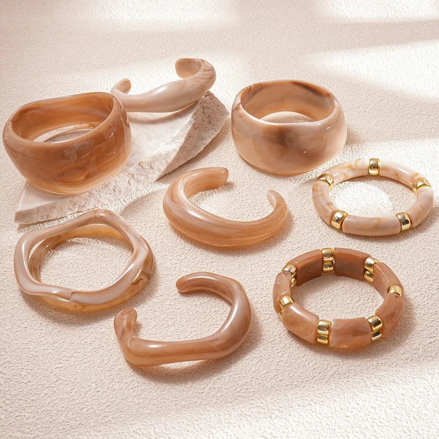 Pink Resin Acrylic Smudging Bangle for Women 2025 New Fashion Round Wide Stacked Bracelets Hand Jewelry Gifts Wholesale