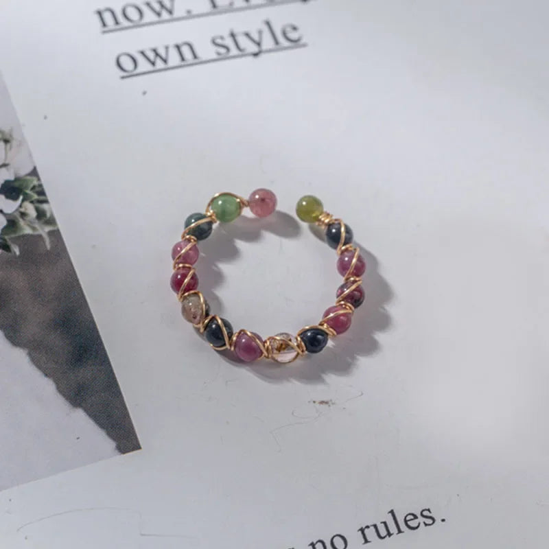 Natural Stone Rainbow Tourmaline Ring Fashion Retro Handmade Metal Wire Winding Beaded Open Adjustable Ring Female Jewelry