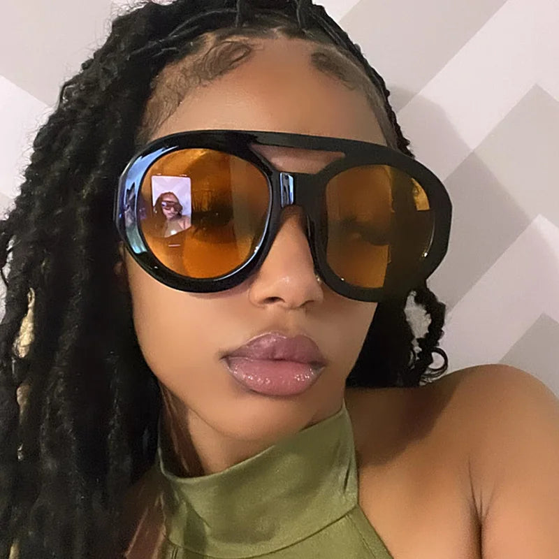 Vintage Oversized Sunglasses Women Luxury Brand Big Frame Sun Glasses Black Yellow Fashion Shades Double Bridges Round Glasses