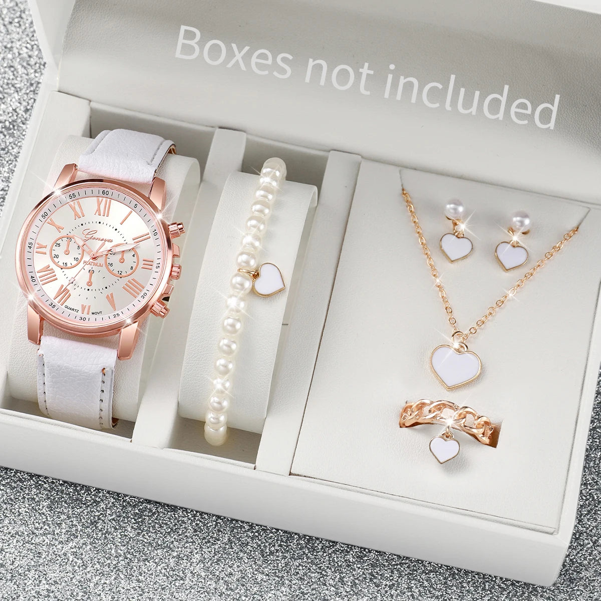 5/6PCS Fashion Women's Quartz Watch Leather Band Analog Wrist Watches Heart Rhinestone Jewelry Set (Without Box)