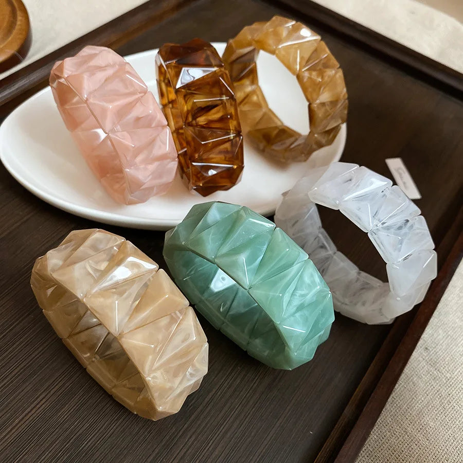 Acrylic Smudging Bangles for Women Unique Design Geometric Oval Elastic Stretch Bracelets Wide Bangles Jewelry Party Gifts