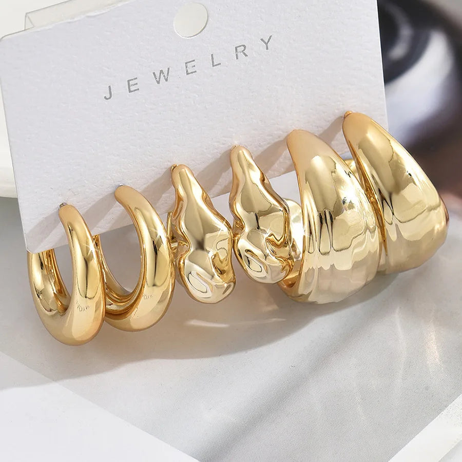 6Pcs Vintage Classic Geometry Glossy Ccb Gold Plated C Shape Hoop Earrings Set for Women Waterdrop Earing Fashion Jewelry