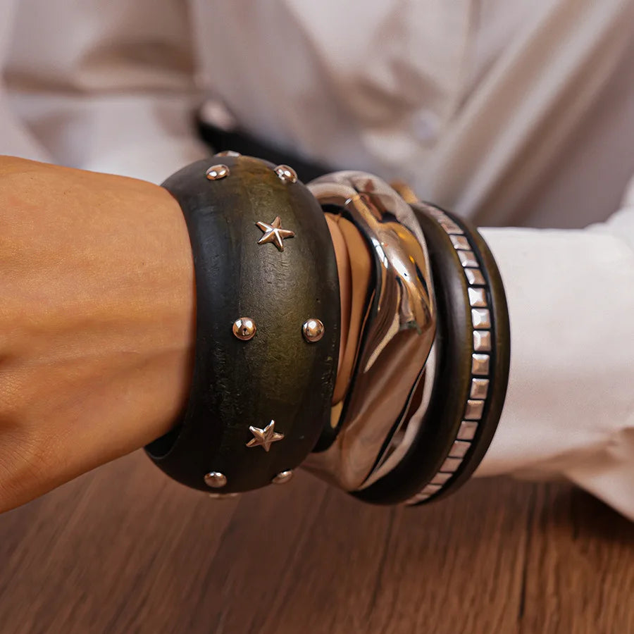 Natural Wooden 12 Styles Square Round Bracelet for Women Hip Hop Rivet Beads Wide Bangles Hand Jewelry Pulseras Mujer