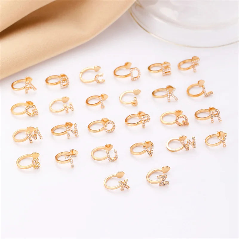 Zircon Initial A-Z Letter Clip Earrings For Women Adjustable Crystal Ear Stud Name Alphabet Female Wedding Jewelry Gift