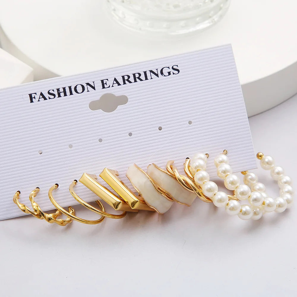 Boho Big Circle Hoop Earring Set for Women Gold Color Bohemia Vintage Pearl Square Earring Heart Zircon Ear Studs Jewelry