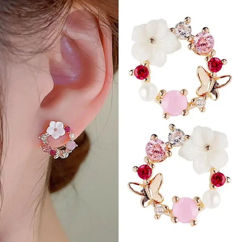 Silver Needle Crystal Pearl Butterfly Flower Wreath Earrings For Women Jewelry 2025 Trending Women's Fashion Earrings