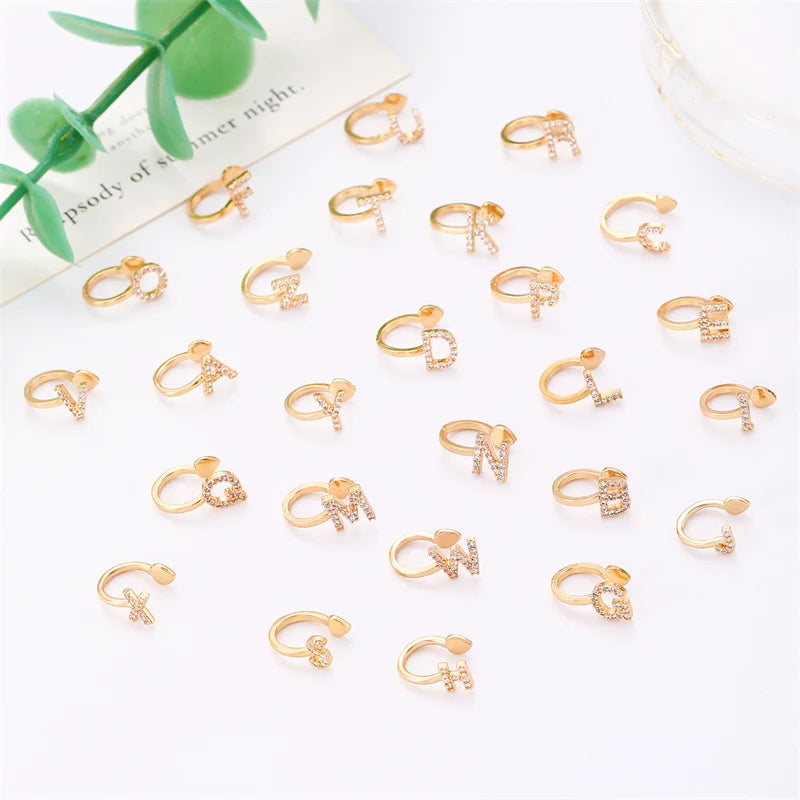 Zircon Initial A-Z Letter Clip Earrings For Women Adjustable Crystal Ear Stud Name Alphabet Female Wedding Jewelry Gift