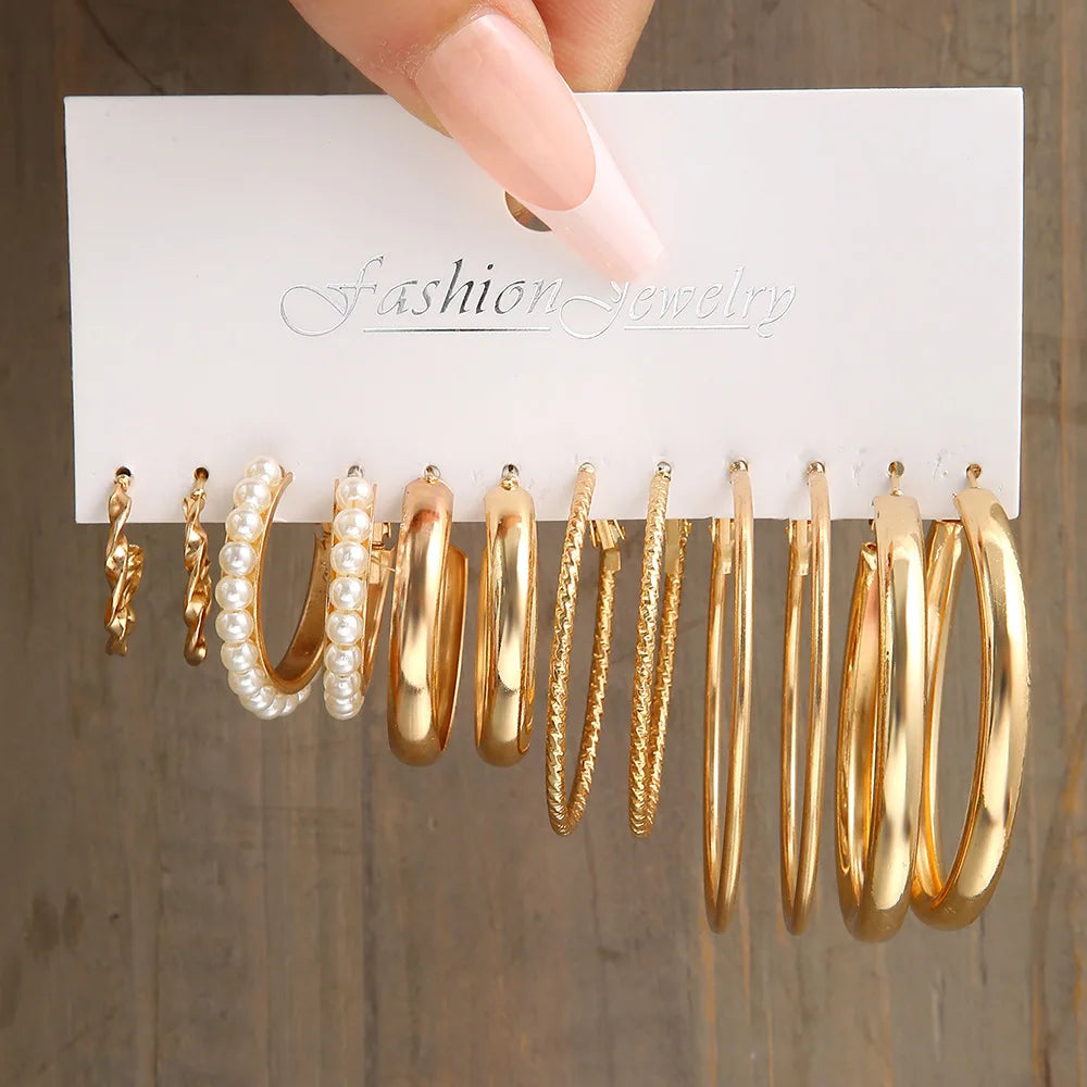 Boho Big Circle Hoop Earring Set for Women Gold Color Bohemia Vintage Pearl Square Earring Heart Zircon Ear Studs Jewelry