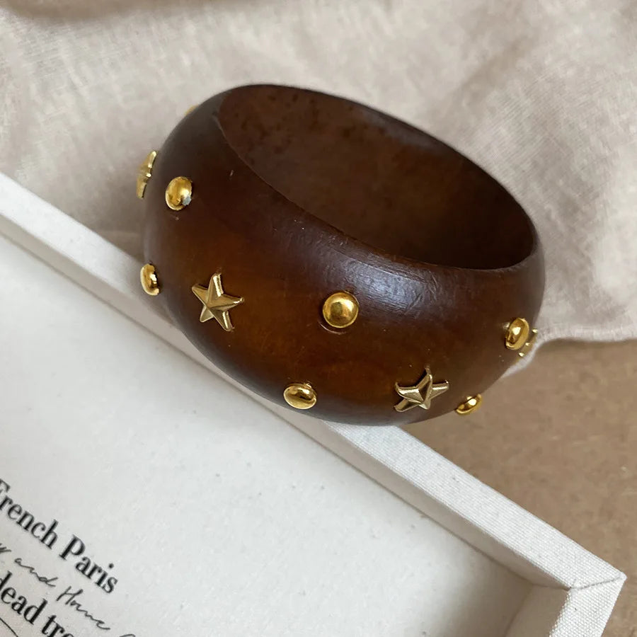 Natural Wooden 12 Styles Square Round Bracelet for Women Hip Hop Rivet Beads Wide Bangles Hand Jewelry Pulseras Mujer