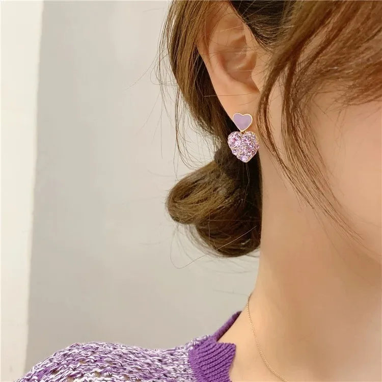 Silver Needle Fashion Purple Crystal Heart Drop Earrings For Women Jewelry 2025 Trending New Luxury Women's Earrings