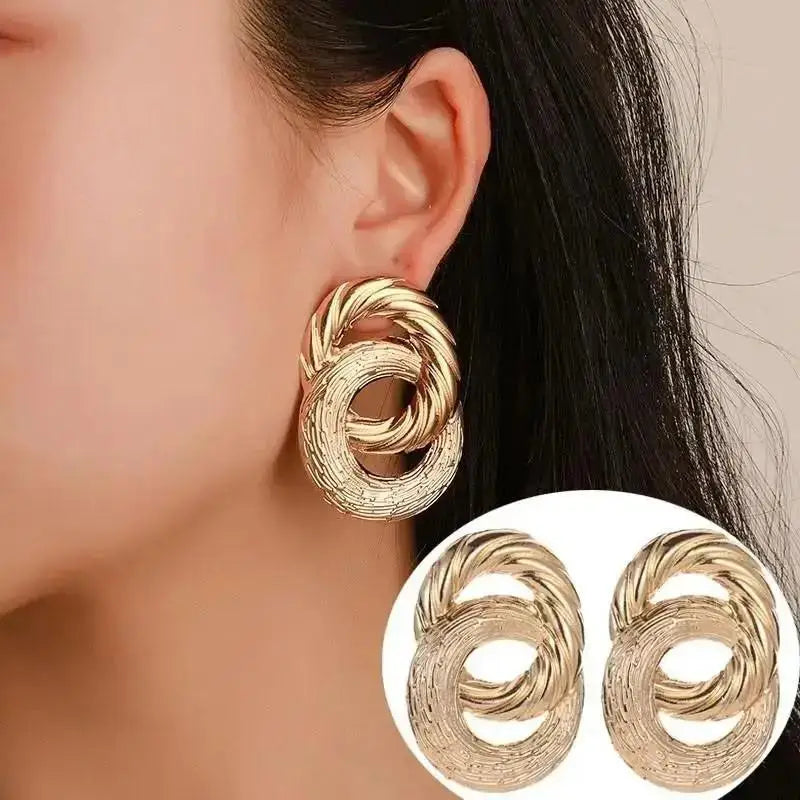 Stainless Steel Pleated Geometric Earrings For Women Jewelry Trending Vintage Women's Smooth Gold Color Stud Earrings