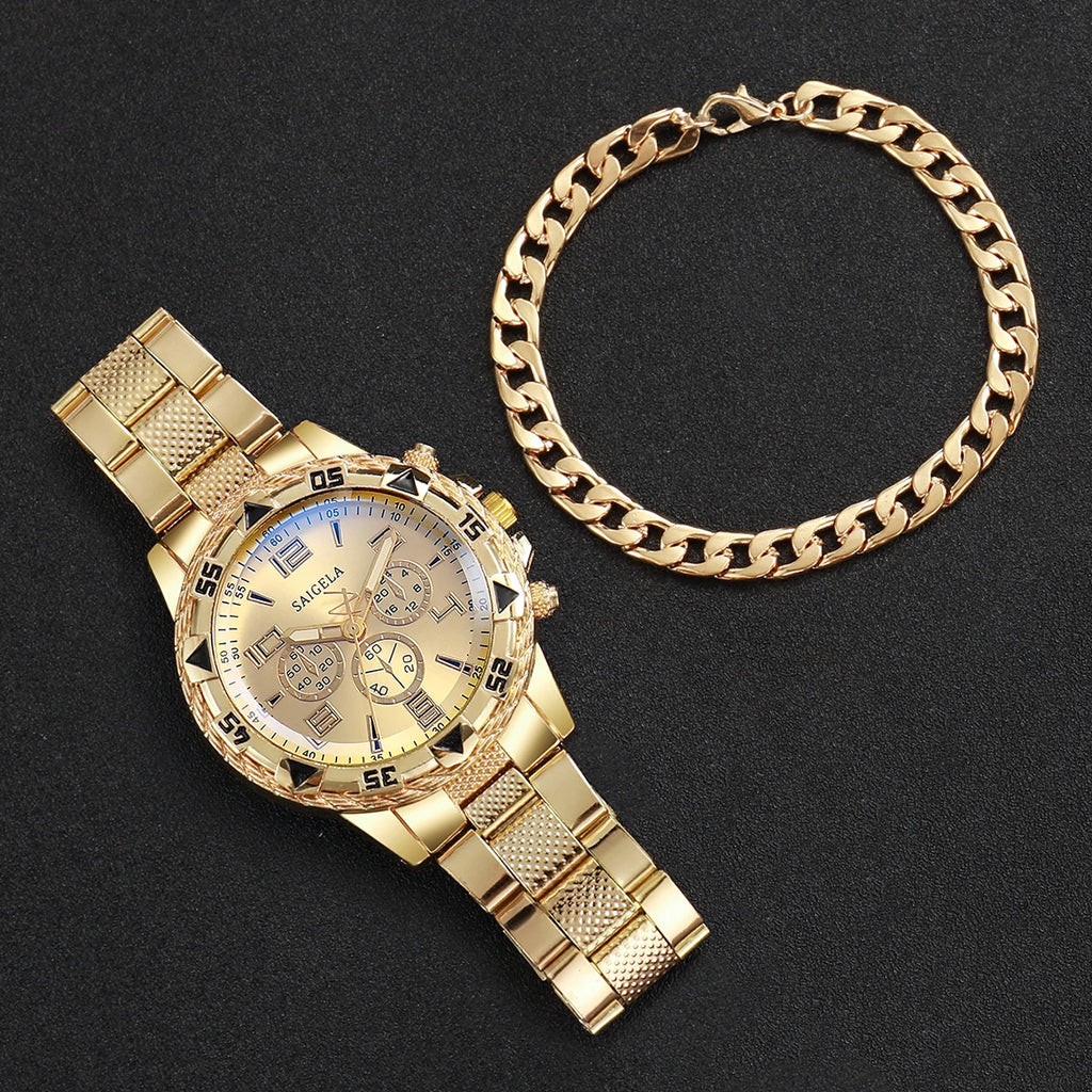 2PCS/Set Fashion Stainless Steel Men Quartz Watch Luxury Men Business Watches Bracelet Set Reloj Hombre（Without Box）