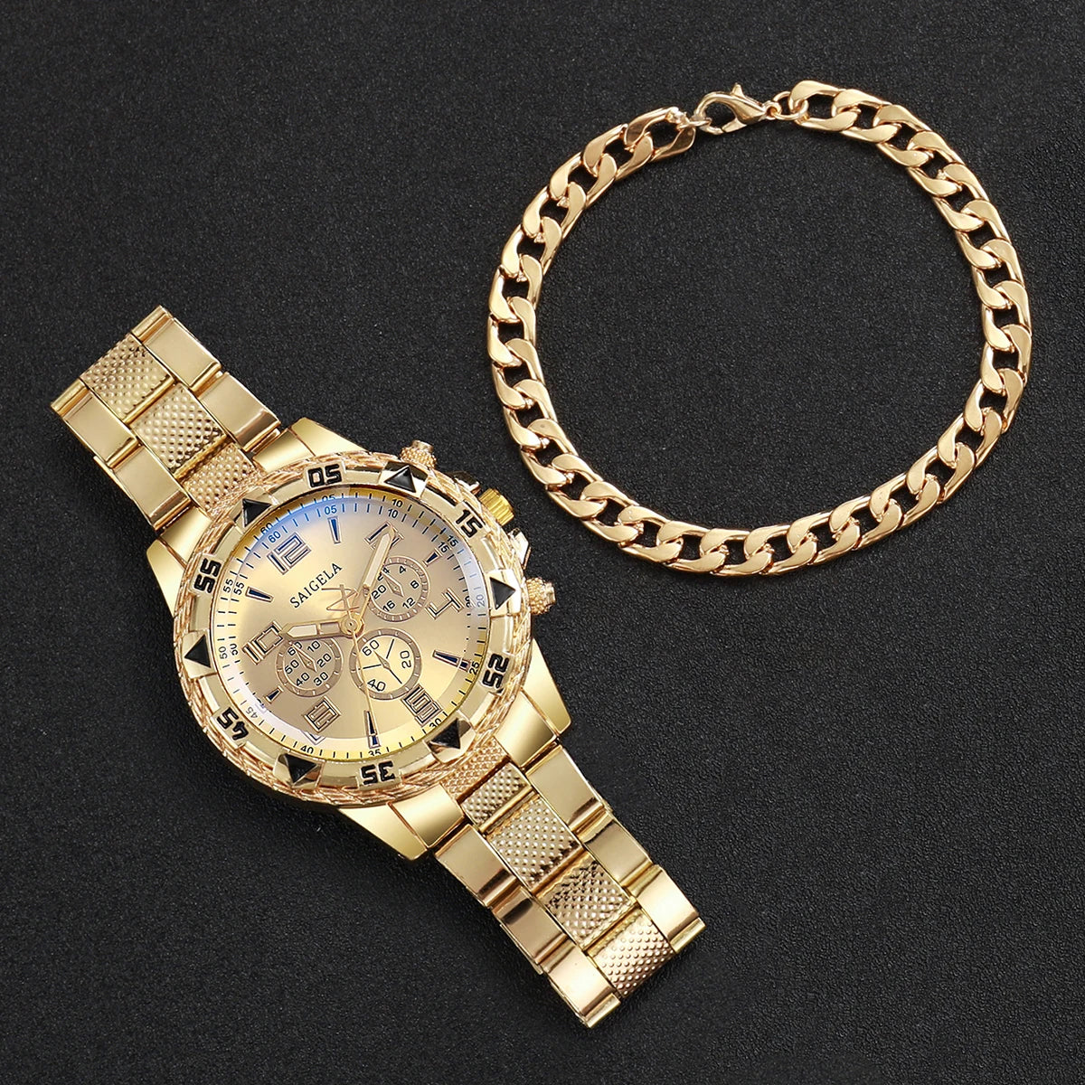 2PCS/Set Fashion Stainless Steel Men Quartz Watch Luxury Men Business Watches Bracelet Set Reloj Hombre（Without Box）