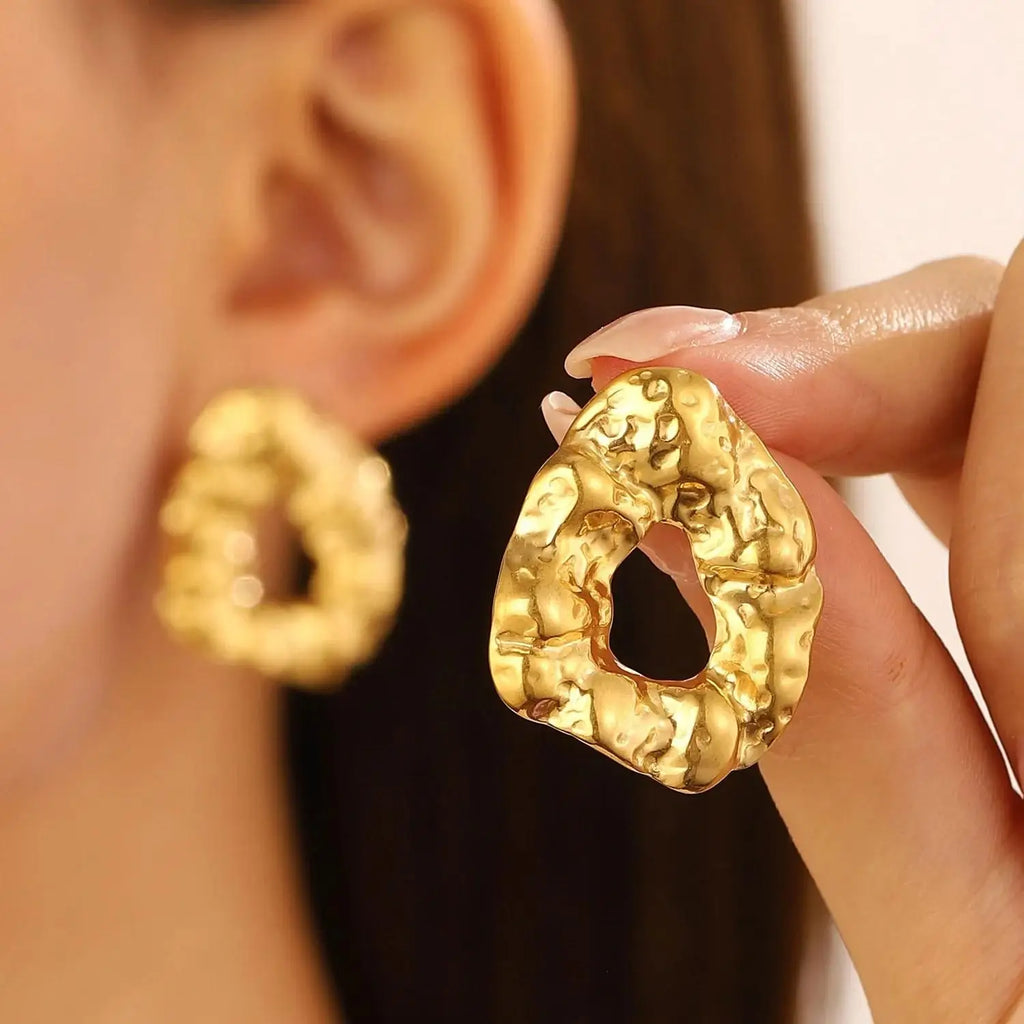 Stainless Steel Pleated Geometric Earrings For Women Jewelry Trending Vintage Women's Smooth Gold Color Stud Earrings