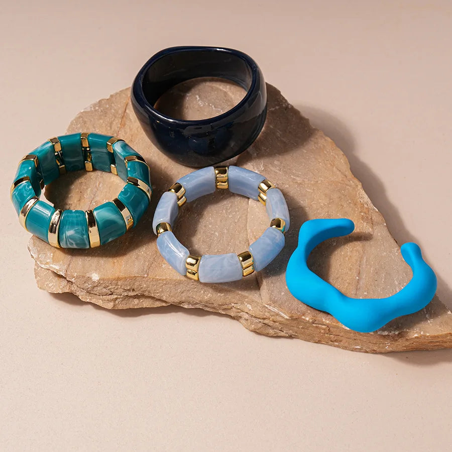 Blue Color Acrylic Resin Smudging Bangle Exaggerated Bamboo Beads Stretchy Bracelet Retro Hand Jewelry Couple Bangles Gifts