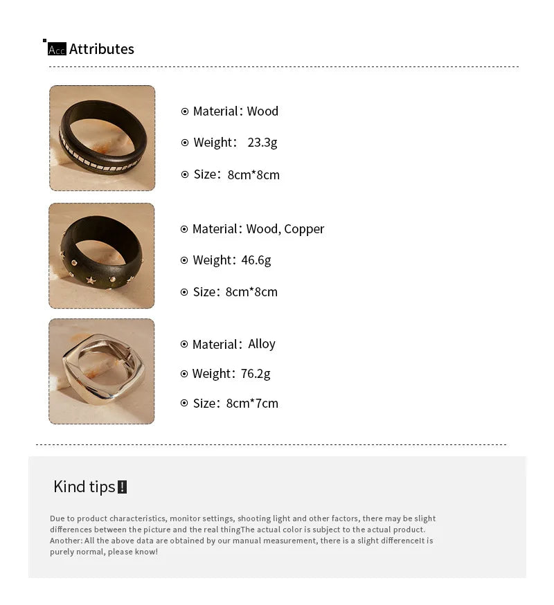 Natural Wooden 12 Styles Square Round Bracelet for Women Hip Hop Rivet Beads Wide Bangles Hand Jewelry Pulseras Mujer