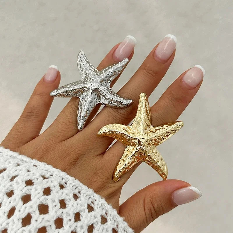 Seabeach Gold Color Starfish Conch Ring for Women New Fashion Large Pearl Shell Finger Rings Jewelry Summer Personality Gifts