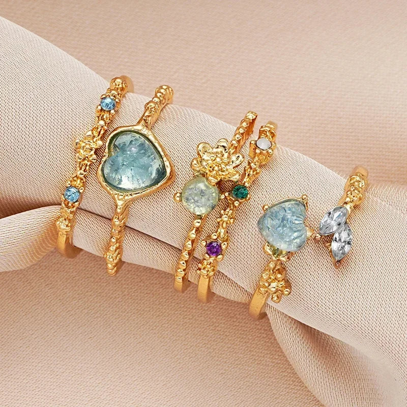 Fashion Jewelry Crystal Rings Heart Adjustable Ring Irregular Geometry Punk Vintage Rings Set for Women