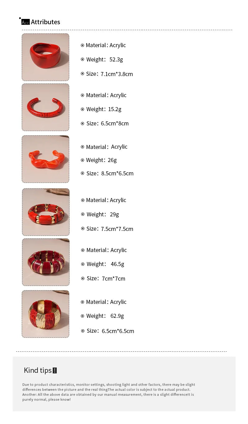Red Resin Acrylic Elastic Bracelets Personality Geometric Fashion Irregular Wide Stacking Bracelets Hand Jewelry for Women