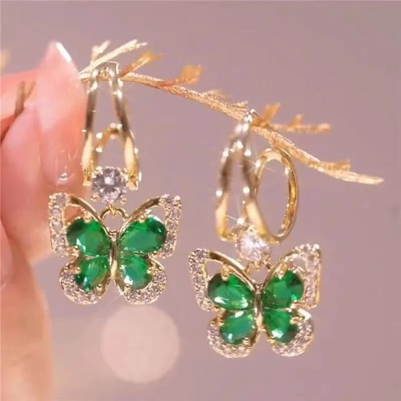 Silver Needle Vintage Green Crystal Butterfly Drop Earrings For Women Jewelry 2025 Trending Luxury Zircon Women's Earrings