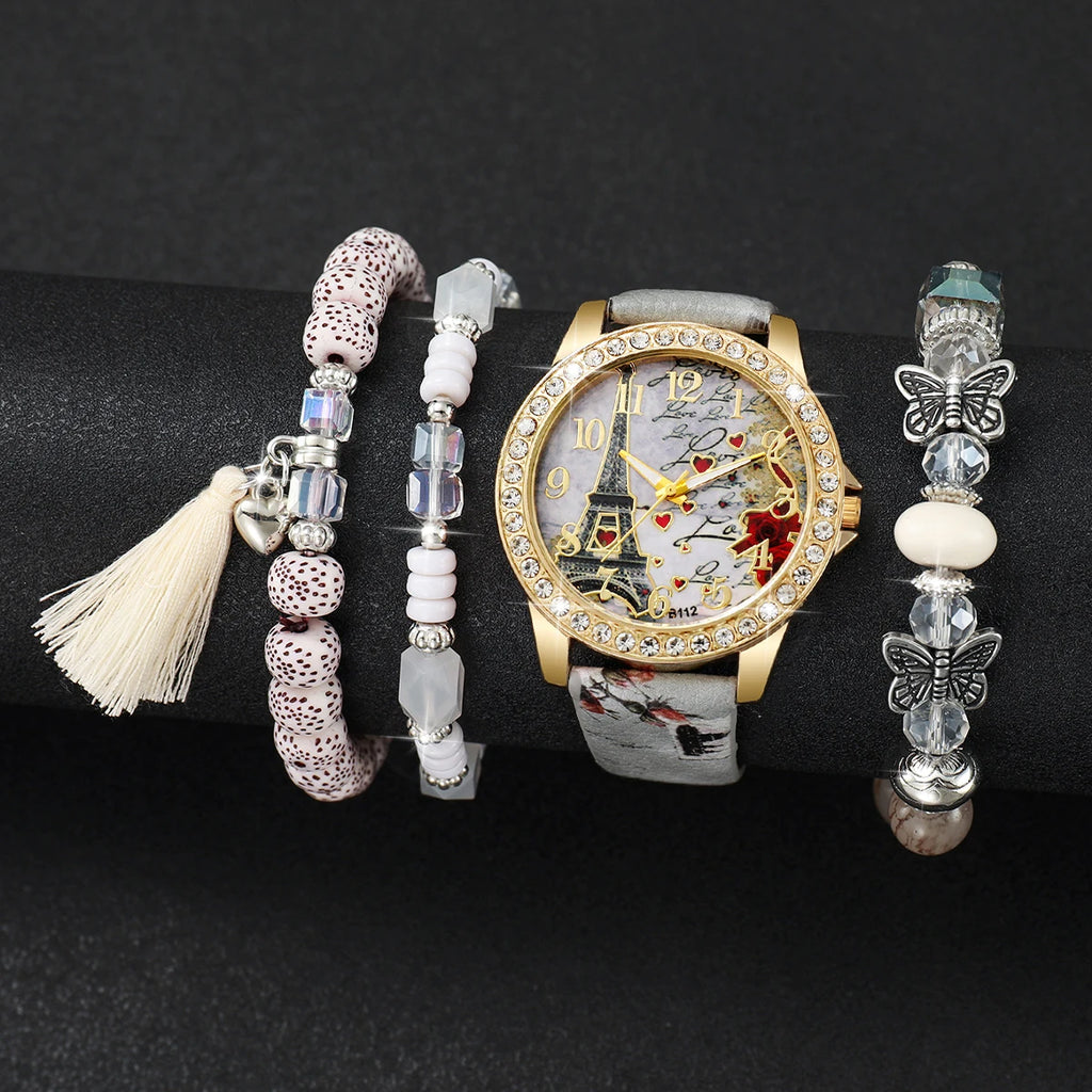 3/4/5PCS Fashion Rhinestone Women's Watch Flowers Printed Leather Band Female Quartz Watches Bracelets Set (Without Box）