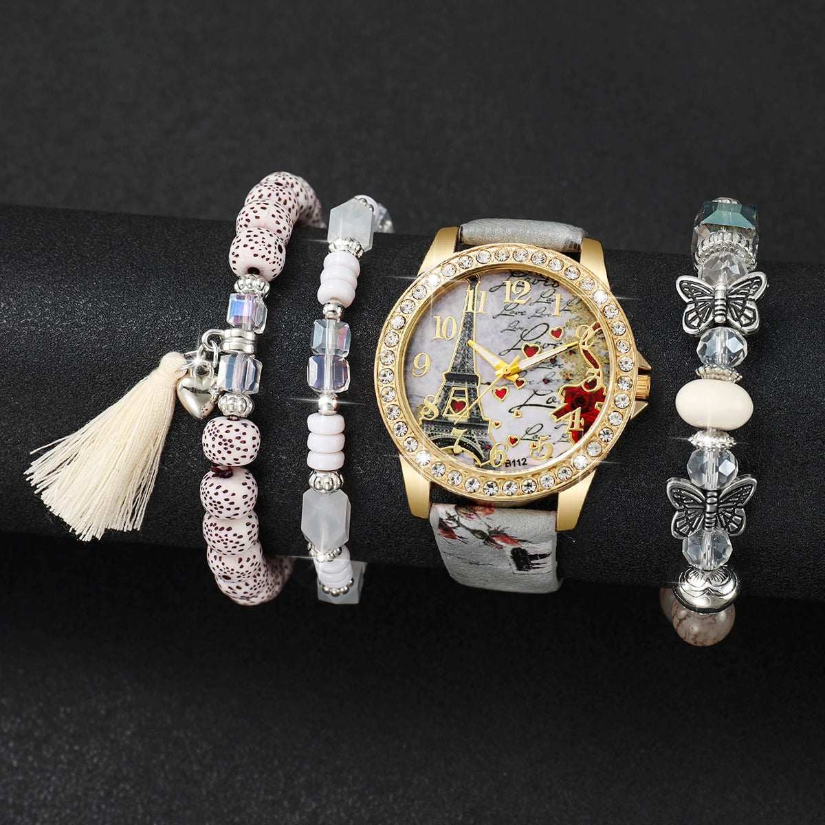 3/4/5PCS Fashion Rhinestone Women's Watch Flowers Printed Leather Band Female Quartz Watches Bracelets Set (Without Box）