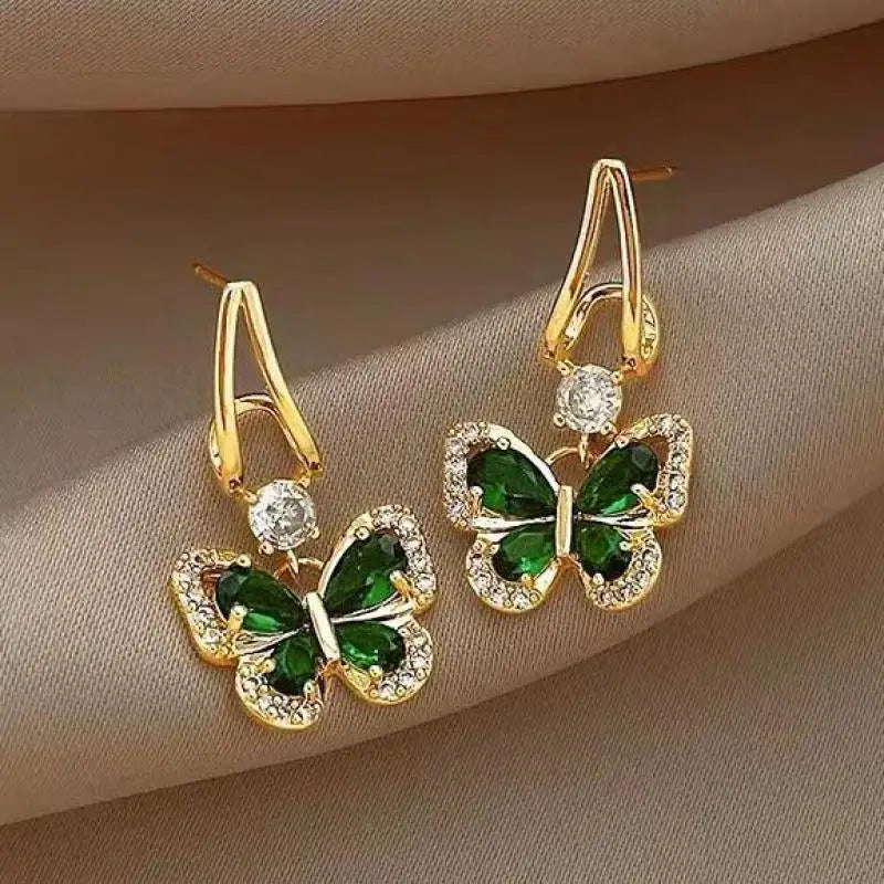 Silver Needle Vintage Green Crystal Butterfly Drop Earrings For Women Jewelry 2025 Trending Luxury Zircon Women's Earrings