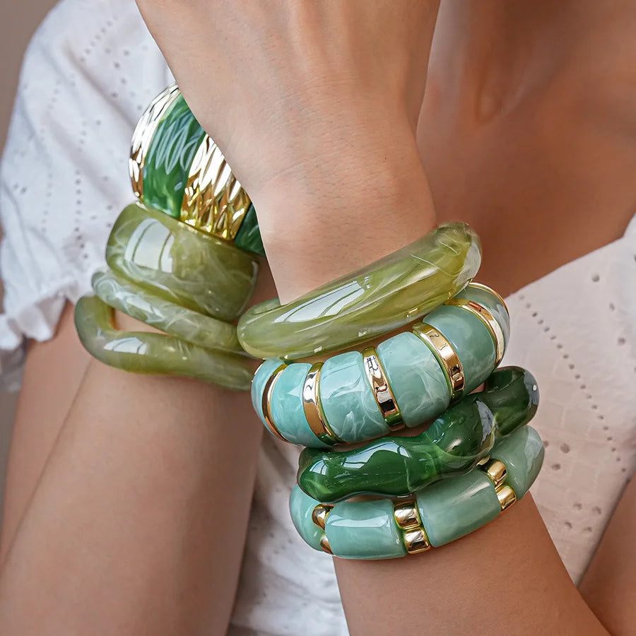 Fashionable Green Resin Acrylic Smudging Bangle for Women Exaggerated Irregular Geometric Wide Chunky Bracelets Bangles Jewelry