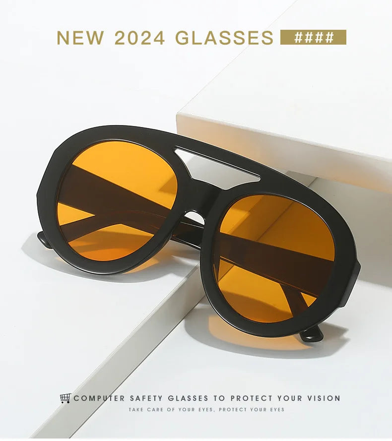 Vintage Oversized Sunglasses Women Luxury Brand Big Frame Sun Glasses Black Yellow Fashion Shades Double Bridges Round Glasses