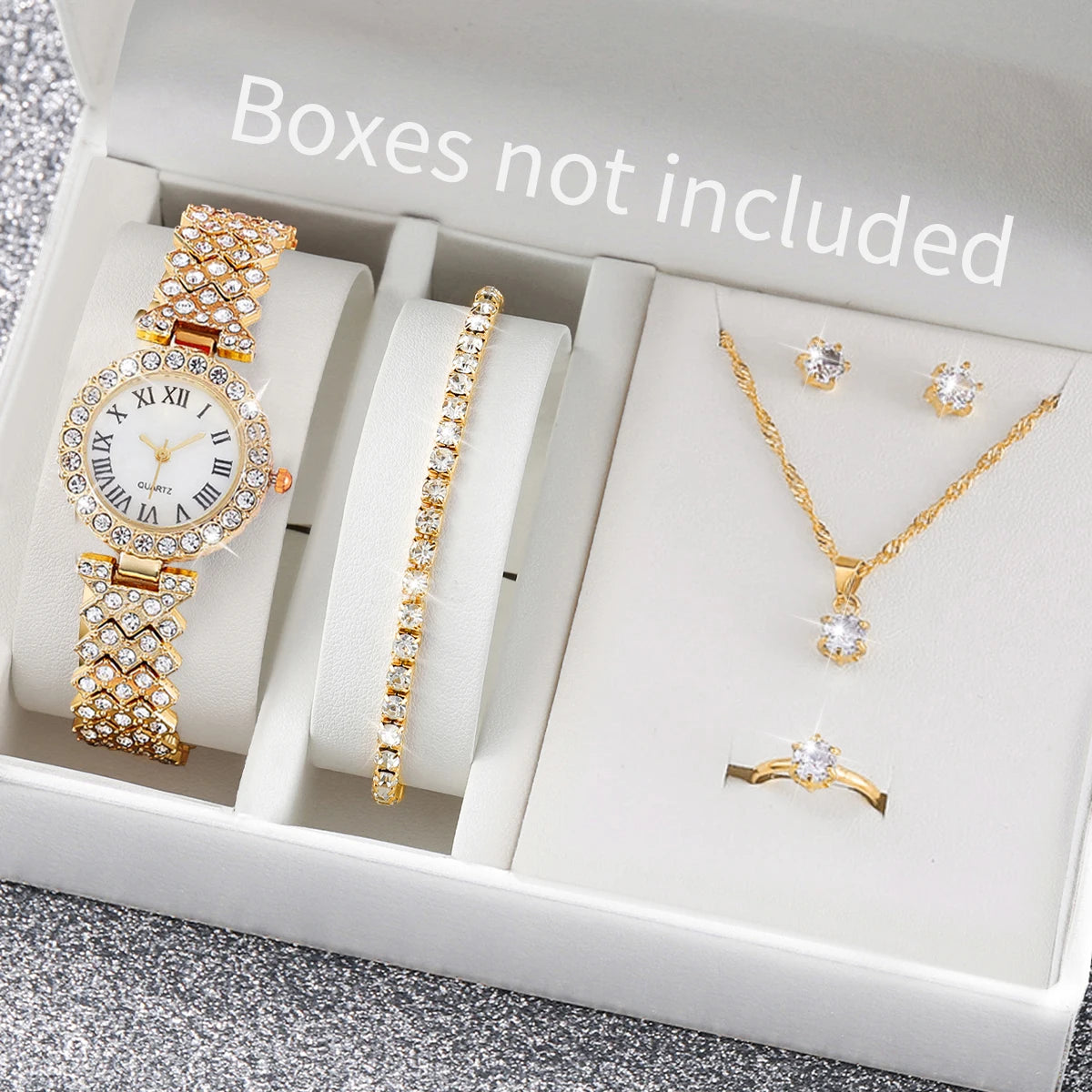 6PCS Luxury Rhinestone Women Watches Fashion Roma Dial Bracelet Wrist Watch Jewelry Set Relogio Feminino（Without Box）