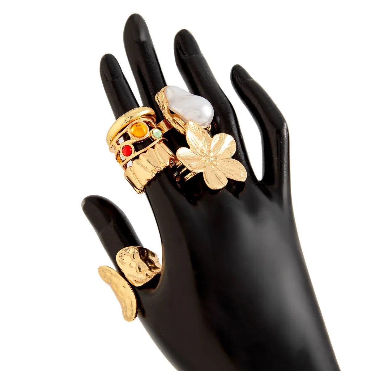6Pcs Punk Exaggerated Metal Finger Rings Set for Women Men Vintage Flower Pearl Crystal Europe America Open Rings Luxury Jewelry