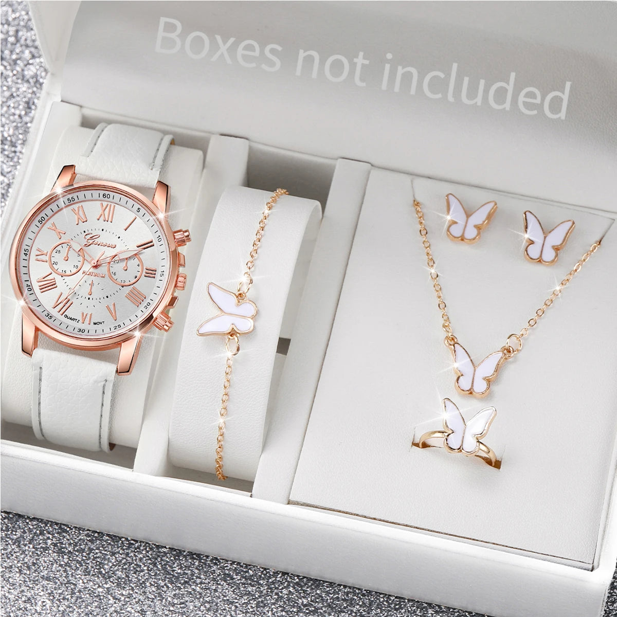 5/6PCS Fashion Women's Quartz Watch Leather Band Analog Wrist Watches Heart Rhinestone Jewelry Set (Without Box)