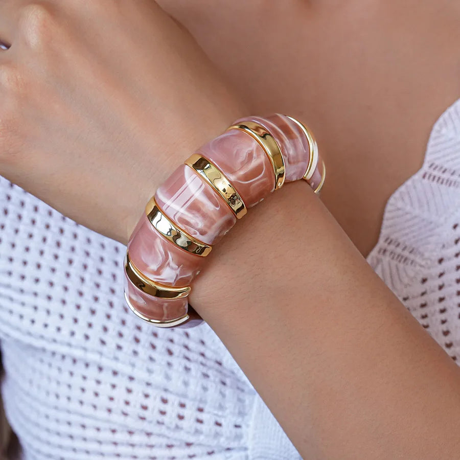 Pink Acrylic Resin Smudging Bangles for Women Girls Smooth Irregular Geometric Square Elastic Bracelets Wristband Jewelry