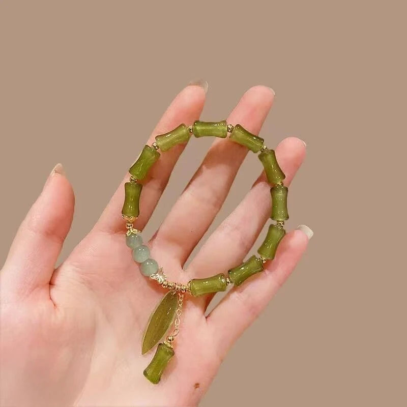 Handmade Green Bamboo Joint Beaded Bracelet for Women Leaves Tassel Flower Bracelets Bangles Girls Party Jewelry Gifts