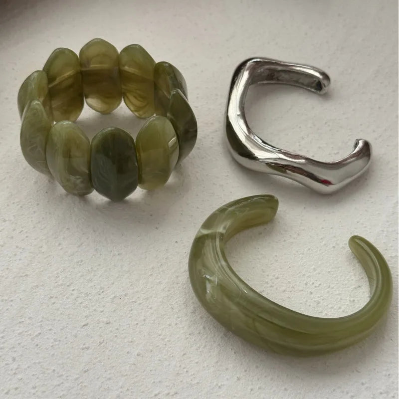 Punk Green Resin Acrylic Smudging Bangles Exaggerated Geometric Oval Elastic Bangle Cuff Bracelets for Women Jewelry