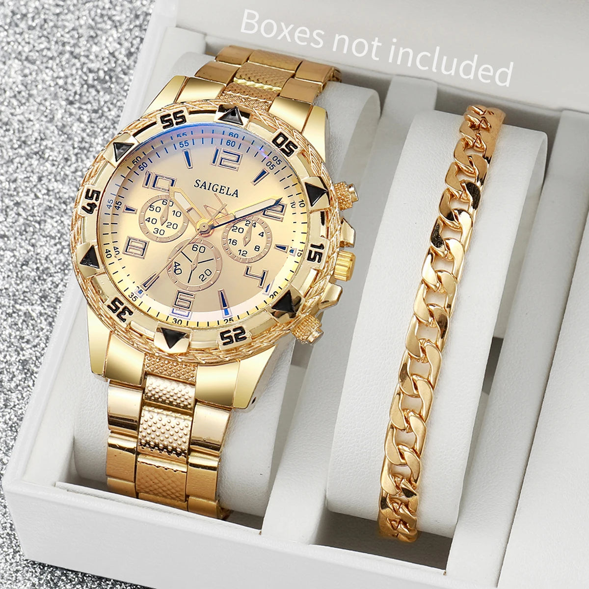2PCS/Set Fashion Stainless Steel Men Quartz Watch Luxury Men Business Watches Bracelet Set Reloj Hombre（Without Box）