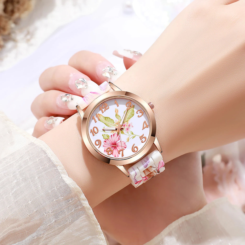 2/3/4/5PCS Fashion Flowers Printed Women Watches Casual Silicone Band Female Quartz Watch Relogio Feminino（Without Box）