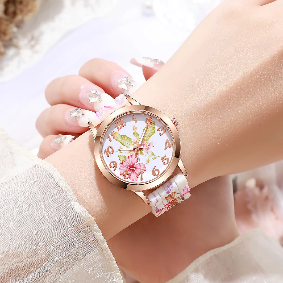 2/3/4/5PCS Fashion Flowers Printed Women Watches Casual Silicone Band Female Quartz Watch Relogio Feminino（Without Box）