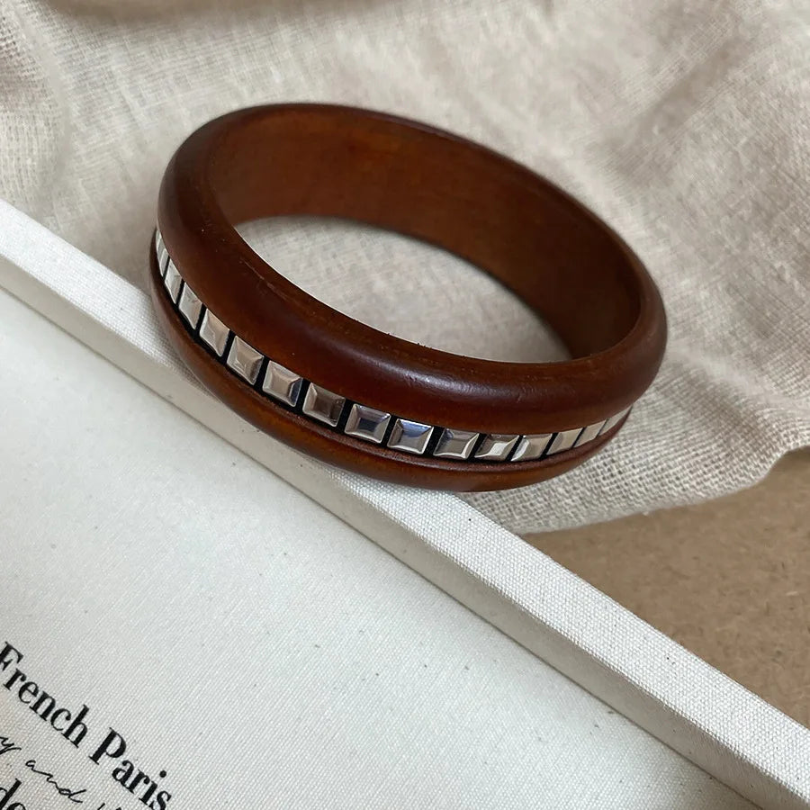 Natural Wooden 12 Styles Square Round Bracelet for Women Hip Hop Rivet Beads Wide Bangles Hand Jewelry Pulseras Mujer