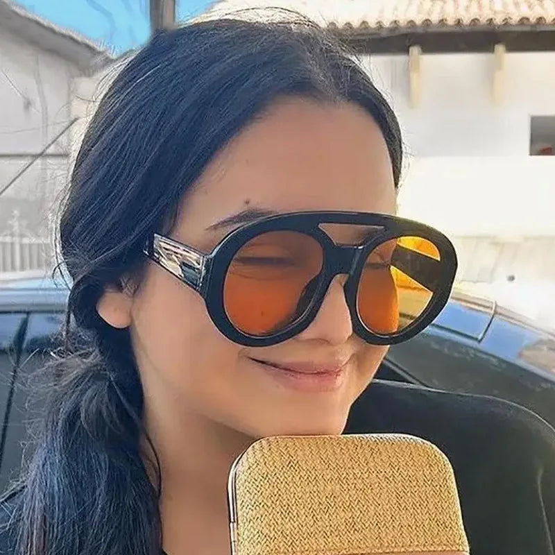 Vintage Oversized Sunglasses Women Luxury Brand Big Frame Sun Glasses Black Yellow Fashion Shades Double Bridges Round Glasses