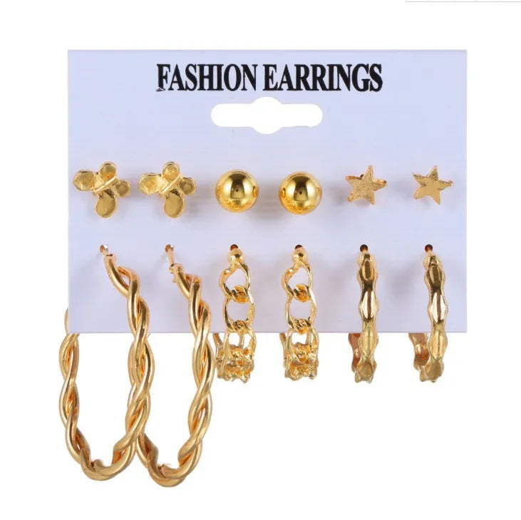 Boho Big Circle Hoop Earring Set for Women Gold Color Bohemia Vintage Pearl Square Earring Heart Zircon Ear Studs Jewelry