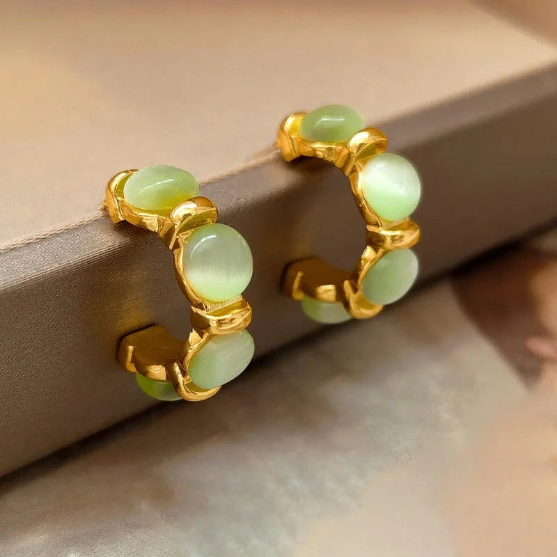 Vintage Gold Plated Green Opal C Shape Stud Earring for Woman Girls Trendy Party Jewelry Accessories