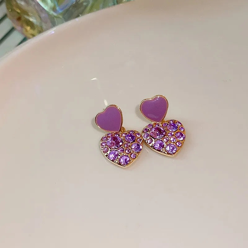 Silver Needle Fashion Purple Crystal Heart Drop Earrings For Women Jewelry 2025 Trending New Luxury Women's Earrings