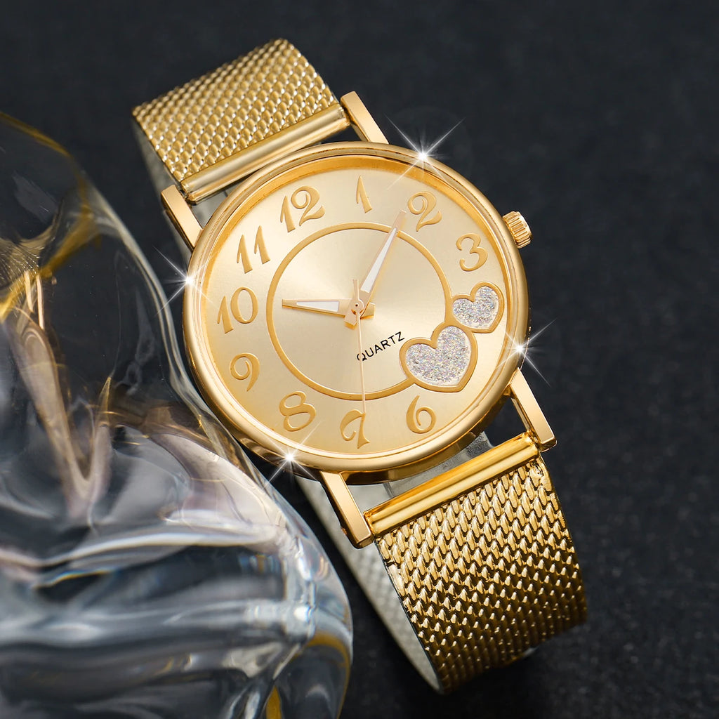 3/6PCS Fashion Heart Women's Watch Plastic Band Analog Golden Quartz Watches Butterfly Jewelry Set(Without Box)