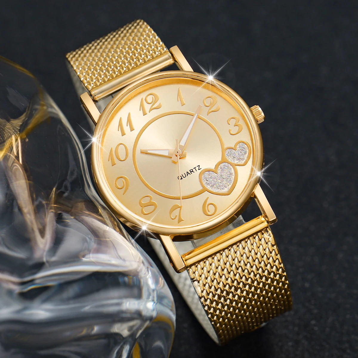 3/6PCS Fashion Heart Women's Watch Plastic Band Analog Golden Quartz Watches Butterfly Jewelry Set(Without Box)