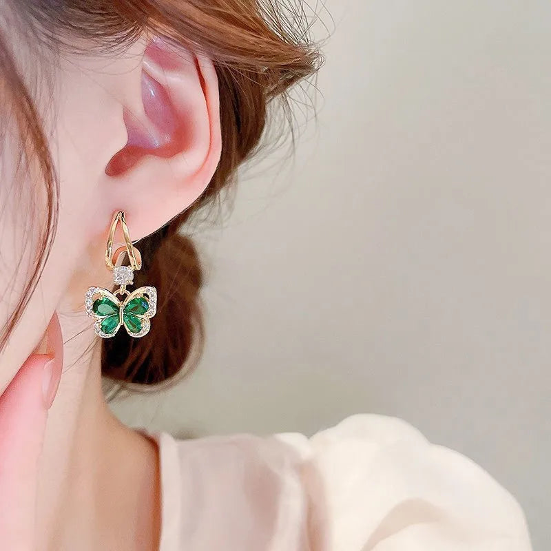 Silver Needle Vintage Green Crystal Butterfly Drop Earrings For Women Jewelry 2025 Trending Luxury Zircon Women's Earrings