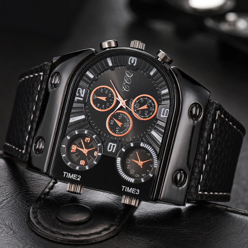Fashion Big Dial Men's Quartz Watch Casual Leather Band Male Sports Watches